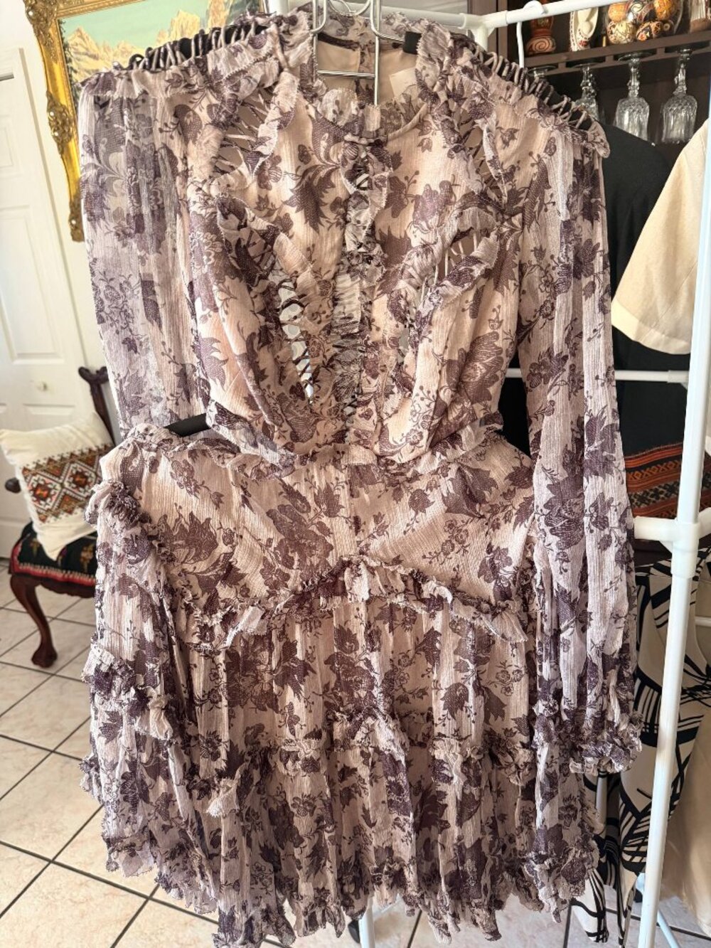 Zimmermann 100% Silk Floral Ruffle Lace-Up Cutout Mini Dress